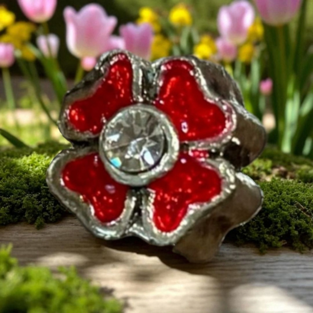 Brighton  Red Flower Bead with Swarovski Crystal in the Center